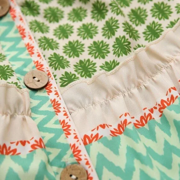 Green Boho Women's Floral Wavy Striped button down Lantern Sleeve mini dress - Picture 7 of 7